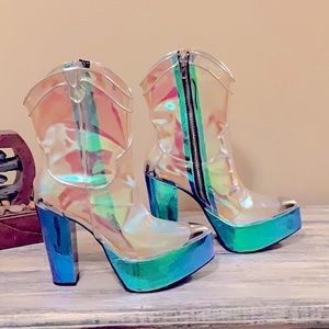 Space Cowgirl Rave boots with iridescent heel and clear iridescent body